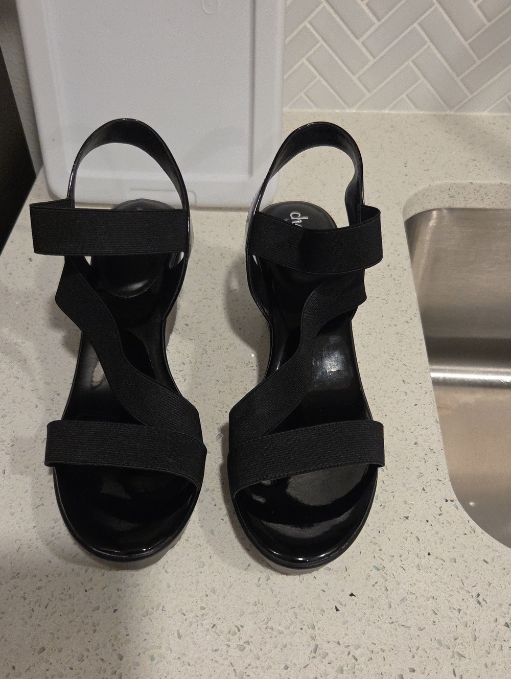 Charles By Charles David Black Elastic Crisscross Wedge Sandals